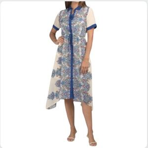 Johnny Was Cream and Blue High-Low Button-Front Midi Dress Size Small